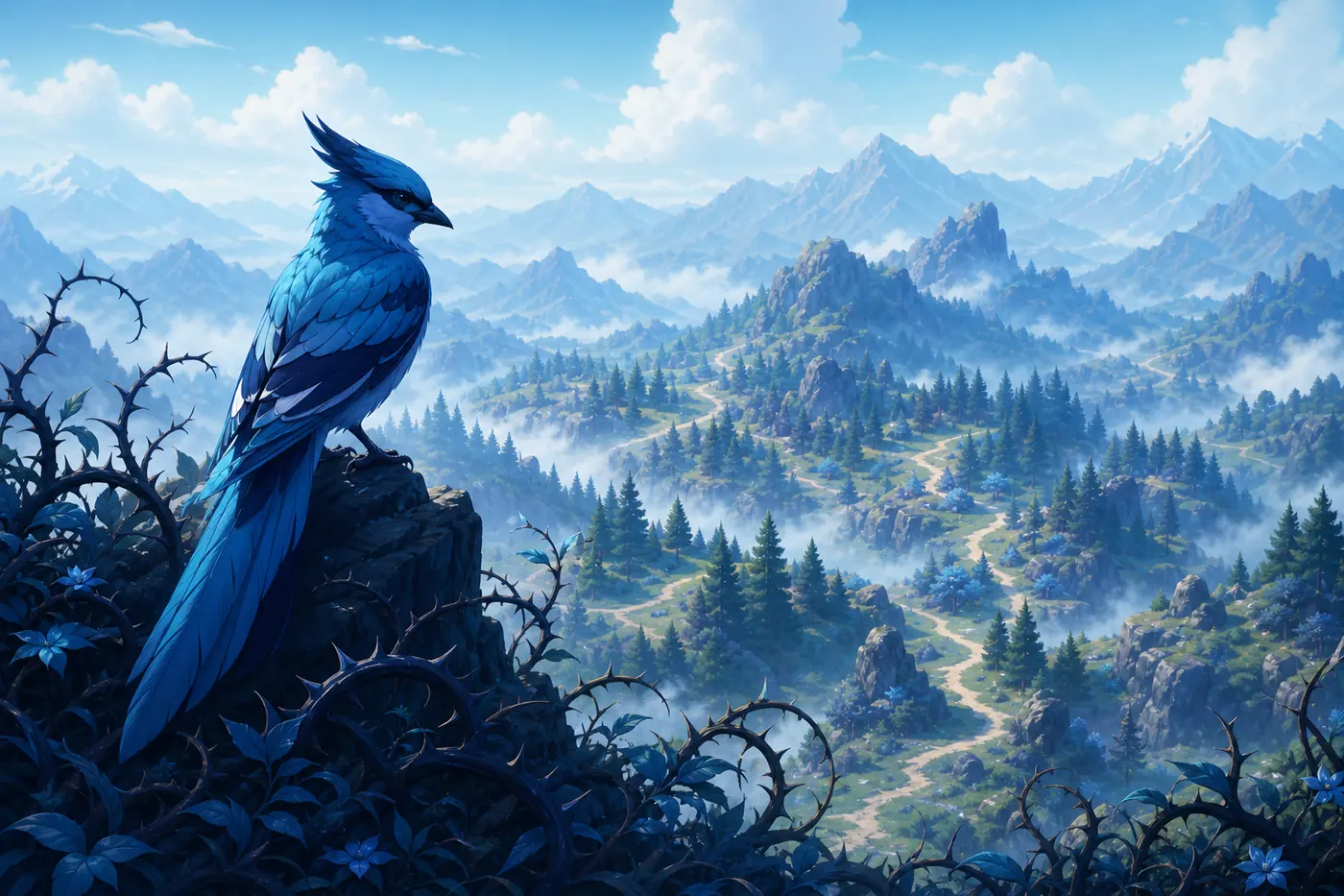 Redaktionelle Illustration eines blauen Vogels über einer Bergroute