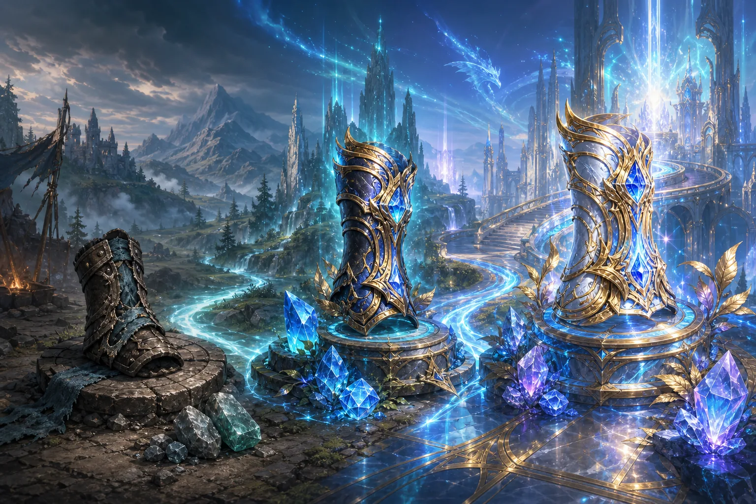 Progressione concettuale da gear base a leggendario rifinito