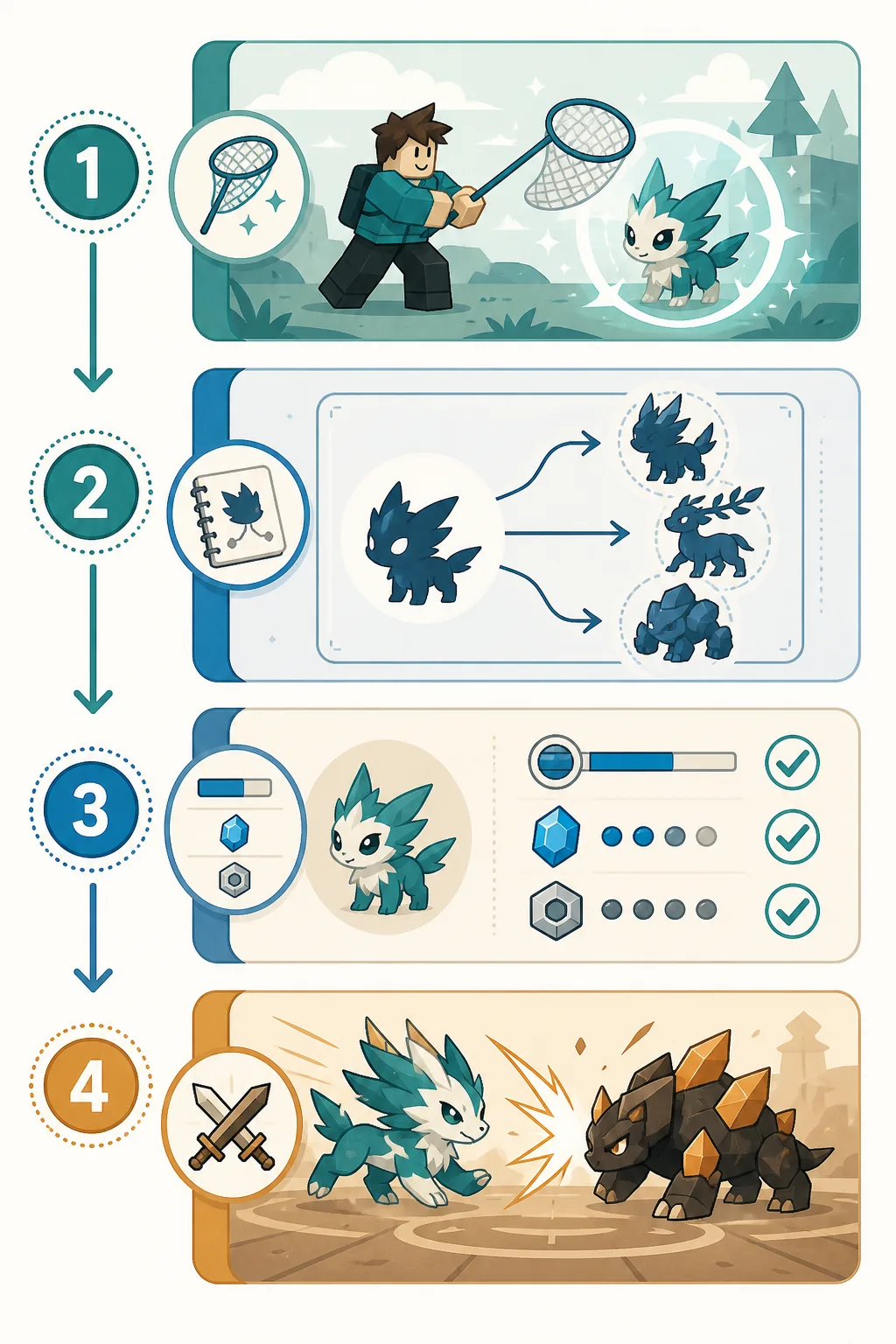 Editorial four-step visual for checking a creature, its evolve screen, materials, and a battle test
