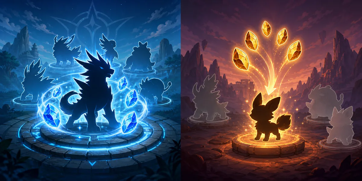 Illustrative Evolution Stones spending priority graphic for Evomon team planning