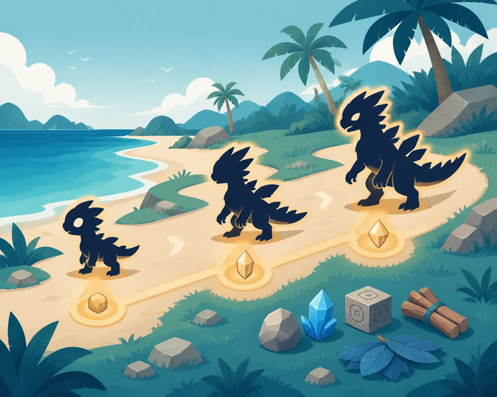 Editorial concept showing a creature changing through three evolution stages along an island route