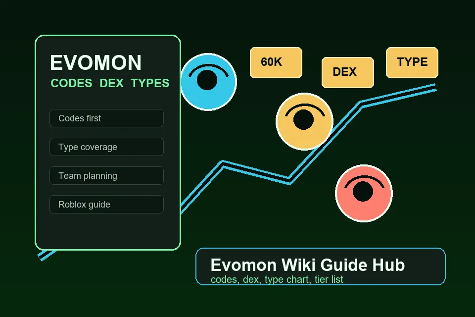 Evomon guide planning visual showing codes, Dex, type coverage, and team planning concepts