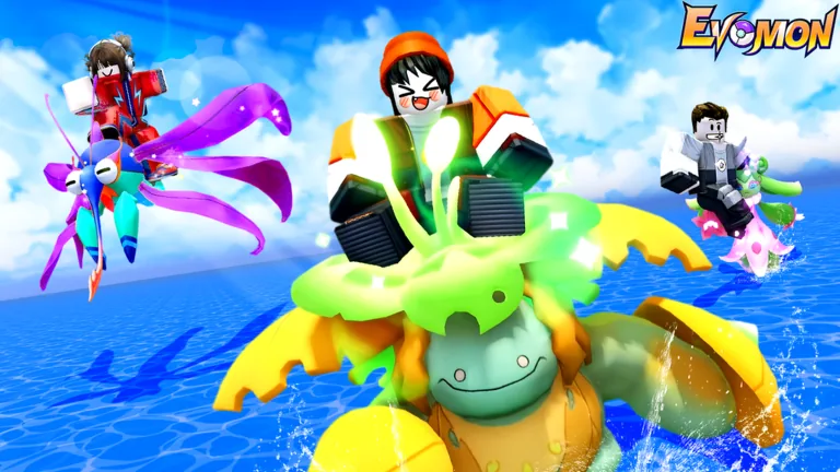 Illustration officielle Evomon montrant des joueurs traversant l’eau sur des Evomon