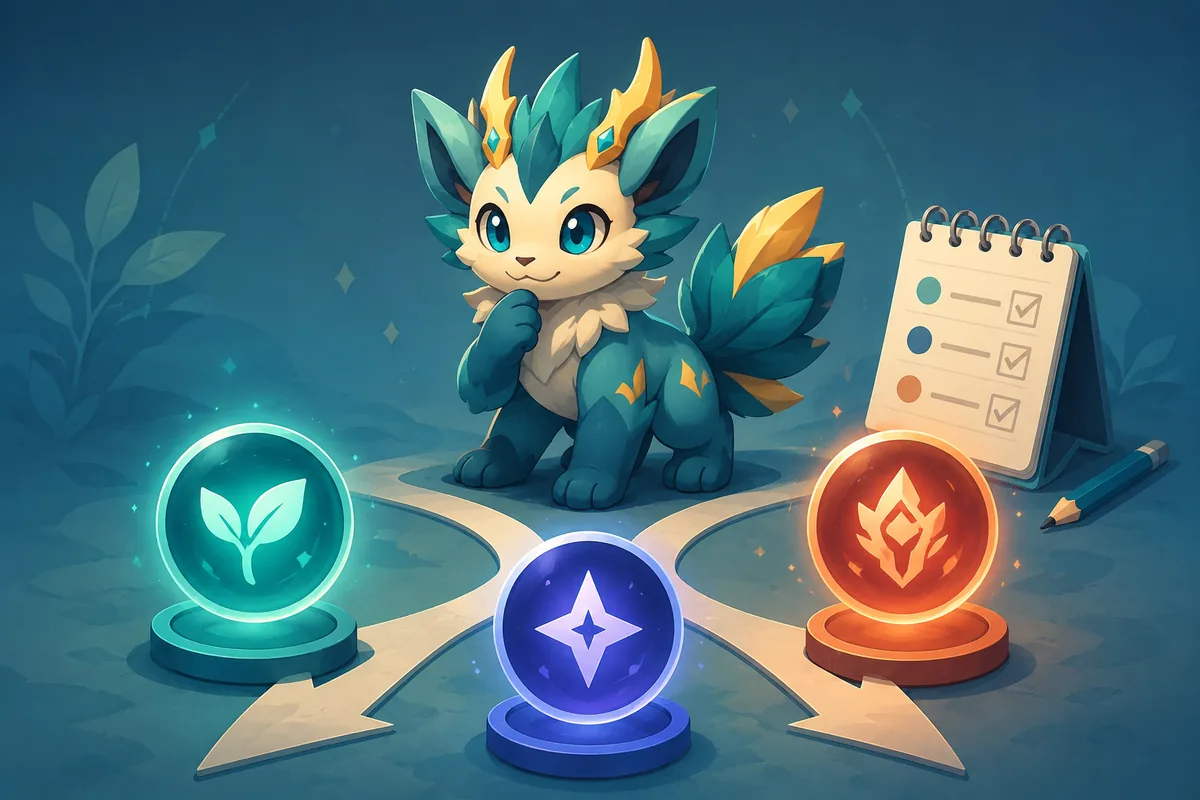 Editorial illustration of an Evomon choosing between three glowing reroll paths beside a checklist