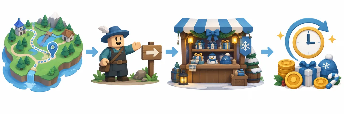 マップとNPCからシーズンマーケットへ進み在庫タイマーを確認する流れを示す編集用イラスト