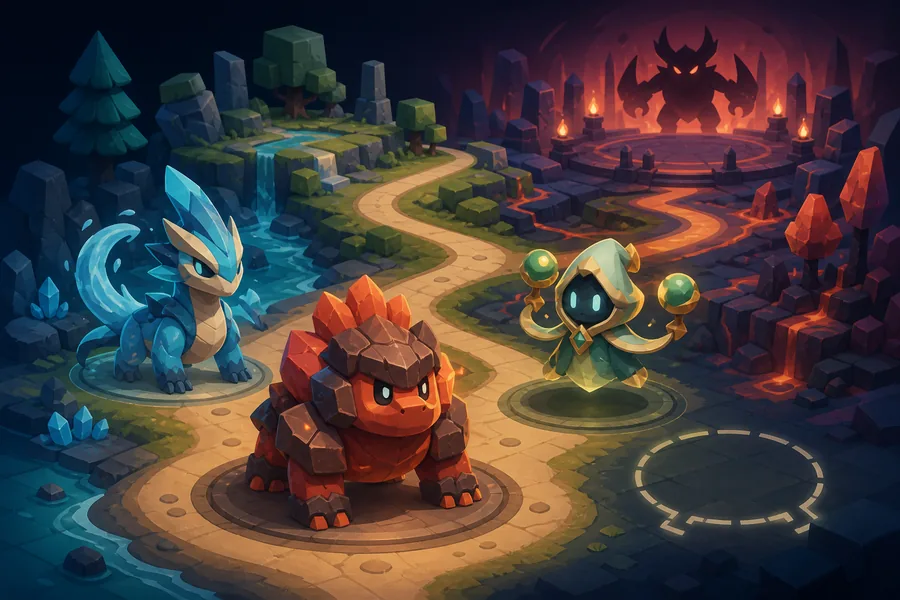 Illustration d’une route de composition Evomon allant du starter à la préparation d’un boss